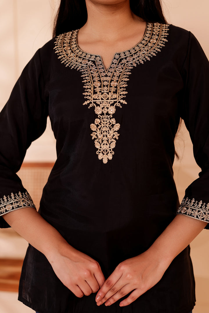 Black Chanderi Silk Short Kurti Top with Gold Thread Work.