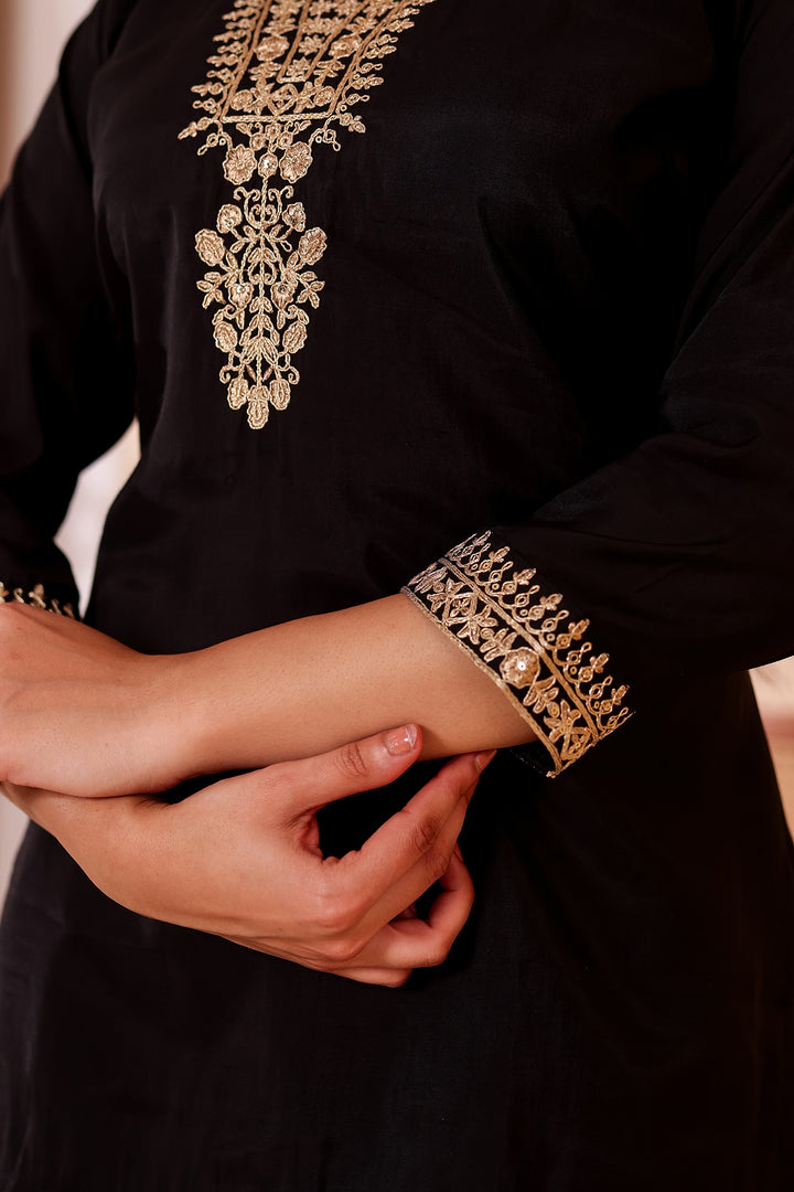 Black Chanderi Silk Short Kurti Top with Gold Thread Work.