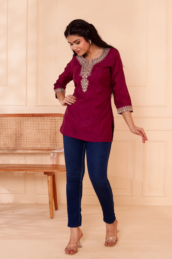 Plum Chanderi Silk Short Kurti Top with Gold Thread Work.