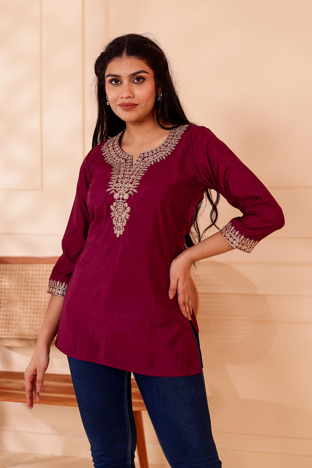 Plum Chanderi Silk Short Kurti Top with Gold Thread Work.