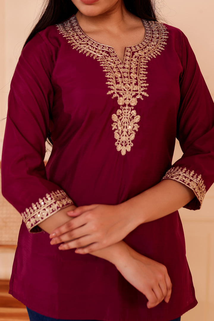 Plum Chanderi Silk Short Kurti Top with Gold Thread Work.