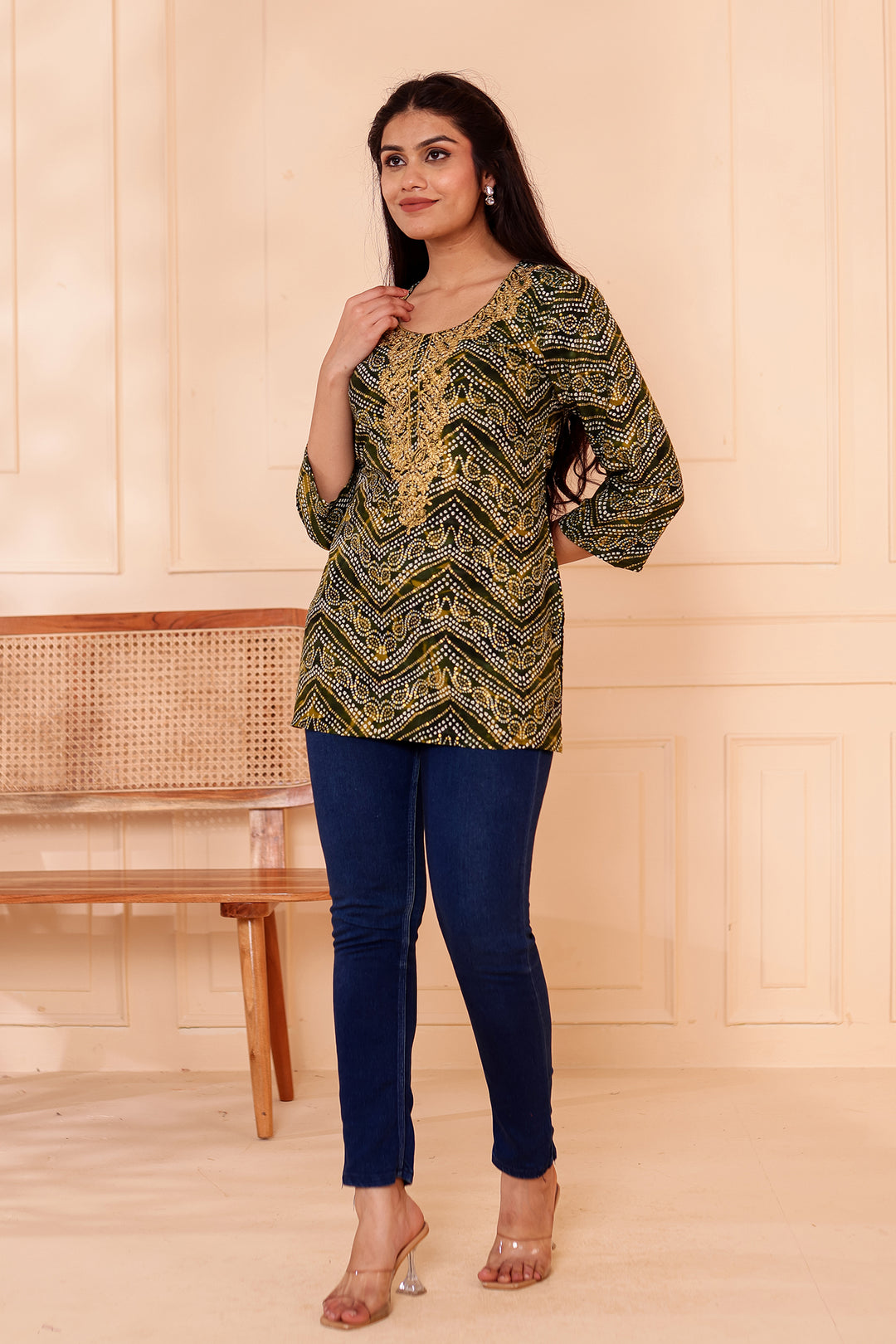 Green Soft Rayon Bandhani Print Short Kurti Top.