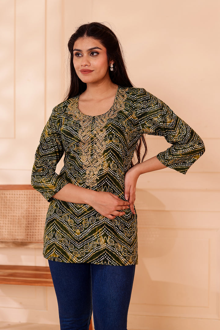 Green Soft Rayon Bandhani Print Short Kurti Top.
