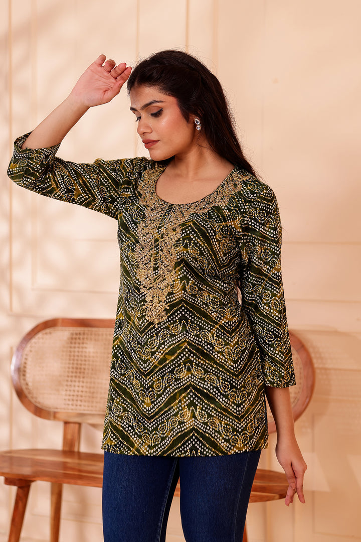 Green Soft Rayon Bandhani Print Short Kurti Top.