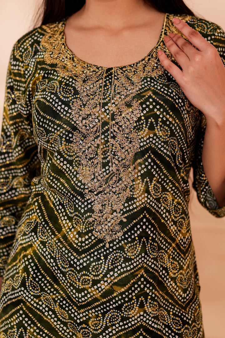 Green Soft Rayon Bandhani Print Short Kurti Top.