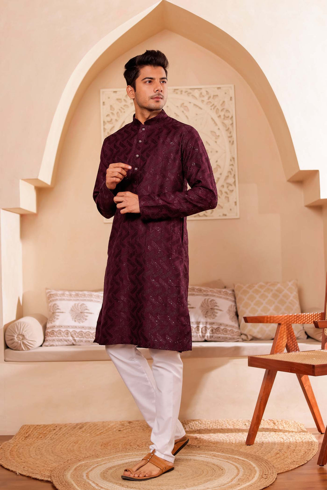 Wine Soft Silk Kurta Suit with Thread and Sequin work all over.
