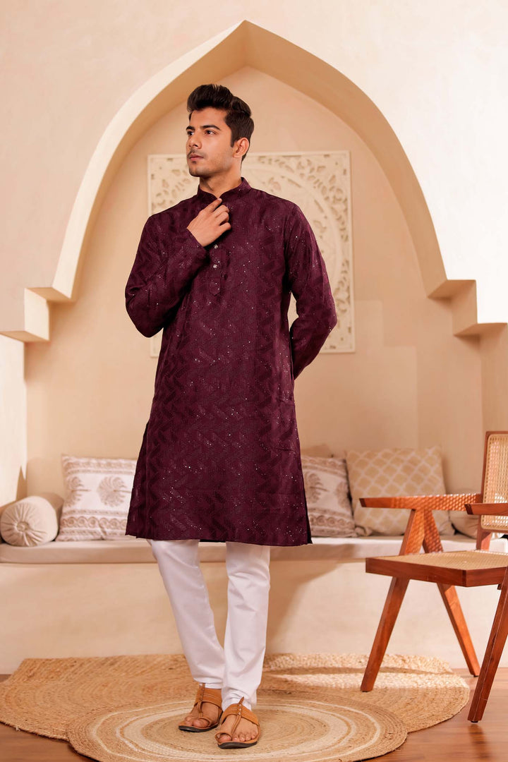 Wine Soft Silk Kurta Suit with Thread and Sequin work all over.
