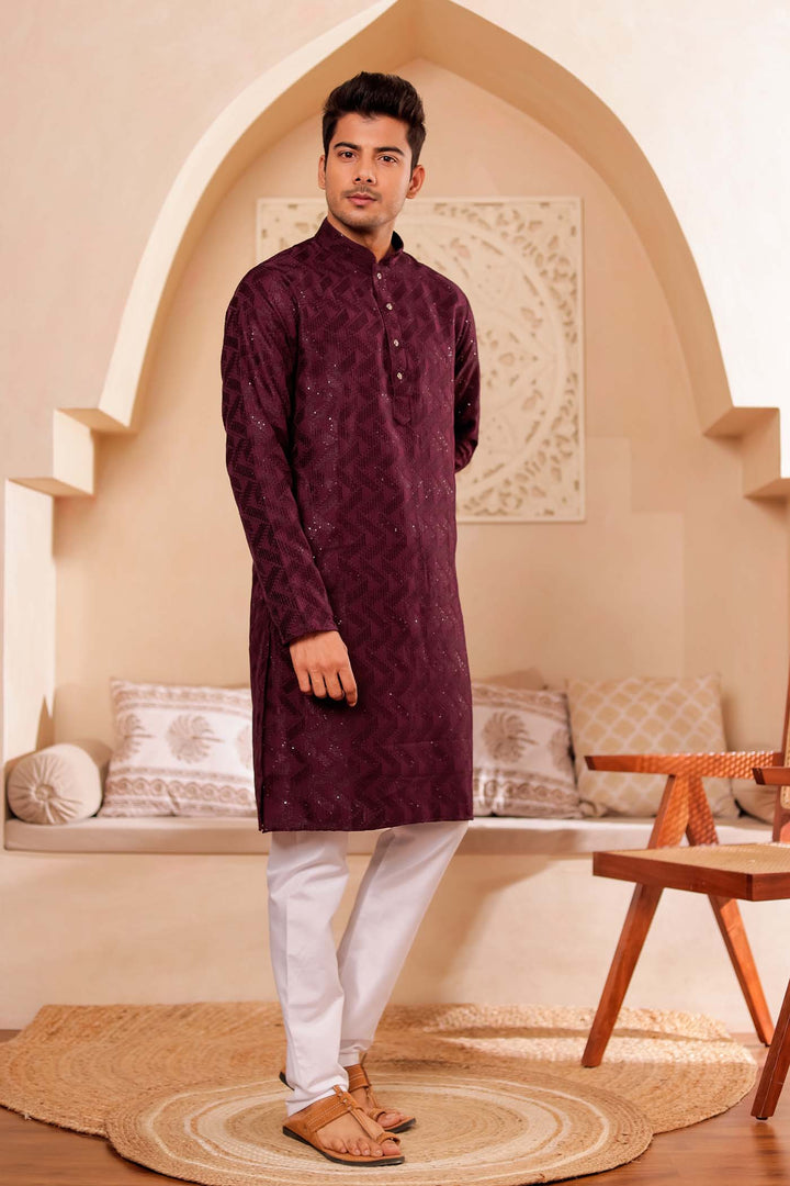 Wine Soft Silk Kurta Suit with Thread and Sequin work all over.