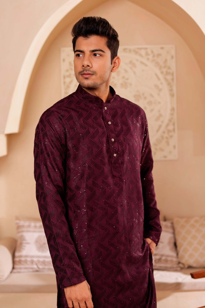 Wine Soft Silk Kurta Suit with Thread and Sequin work all over.