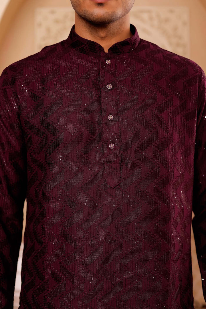 Wine Soft Silk Kurta Suit with Thread and Sequin work all over.
