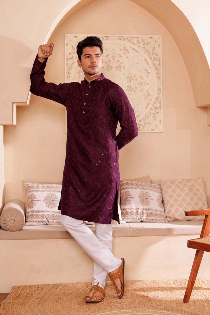 Wine Soft Silk Kurta Suit with Thread and Sequin work all over.