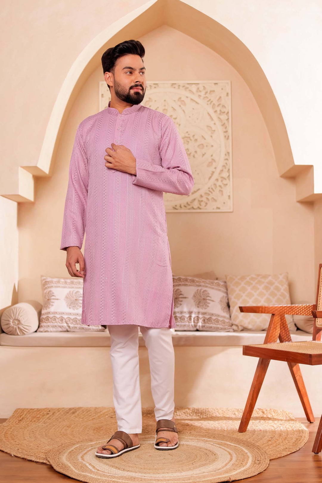 Lilac Soft Silk Kurta Suit with Thread and Sequin work all over.