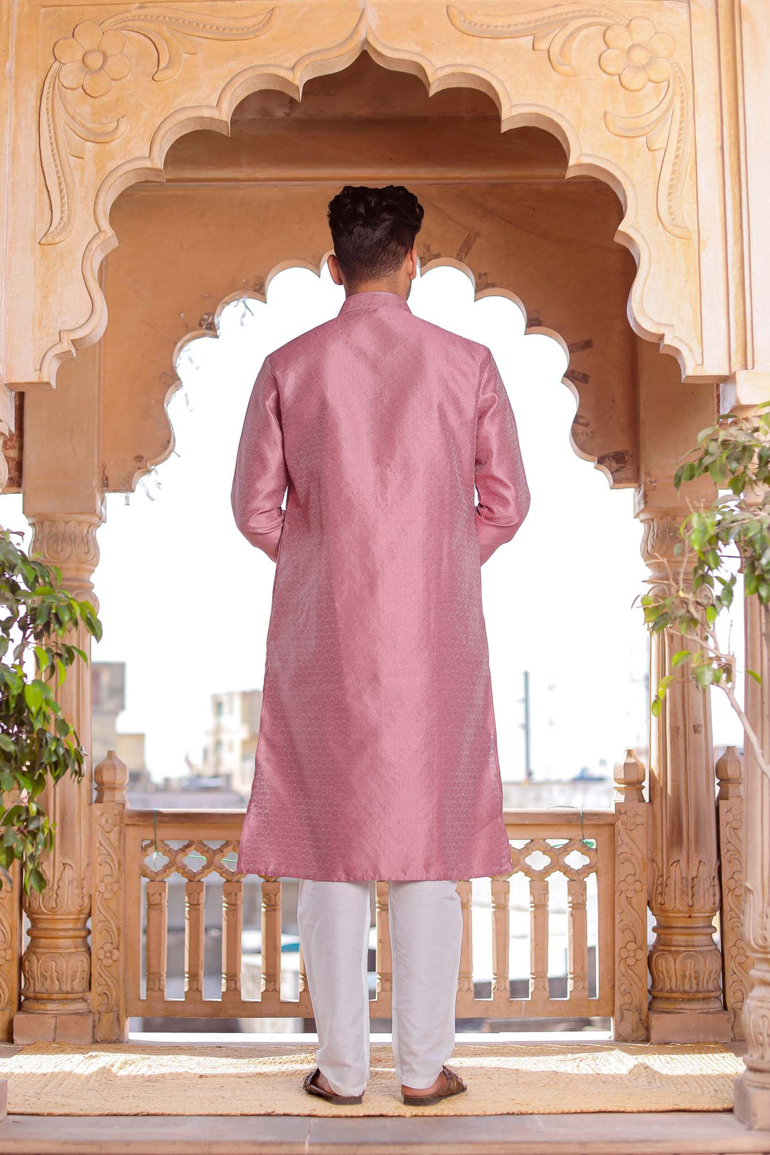 Dusky Pink Self-Pattern Brocade Silk Kurta Suit.