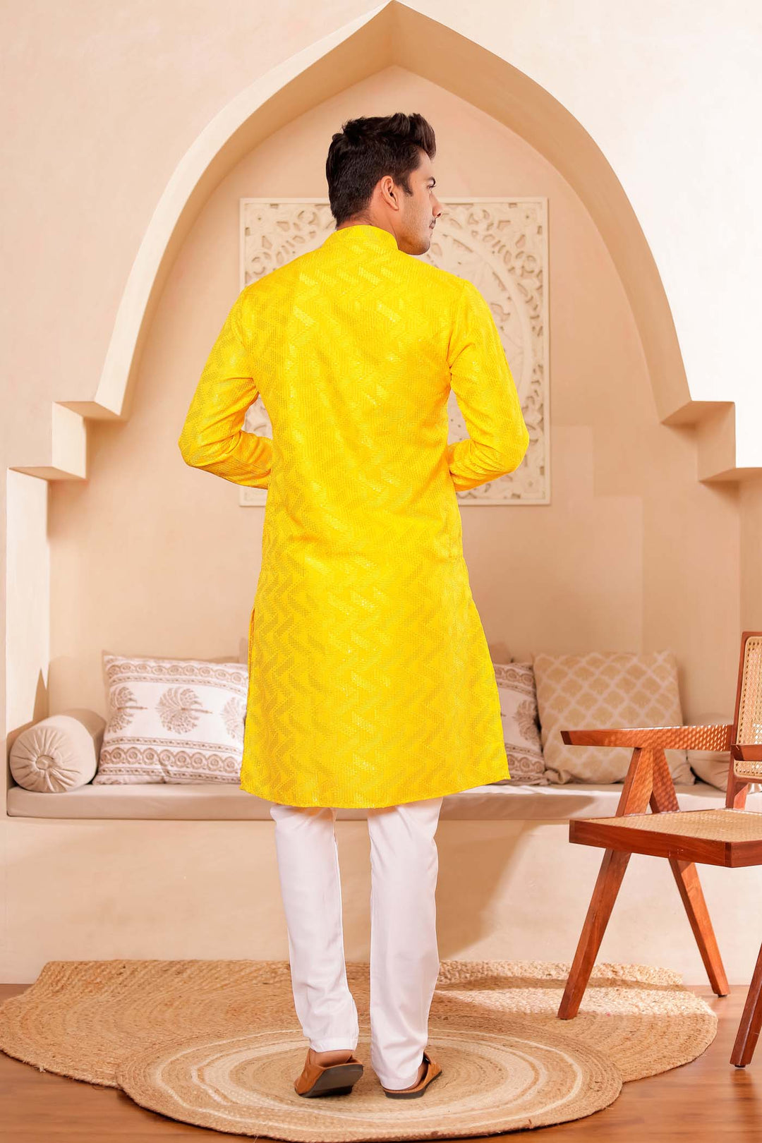 Yellow Soft Silk Kurta Suit with Thread and Sequin work all over.