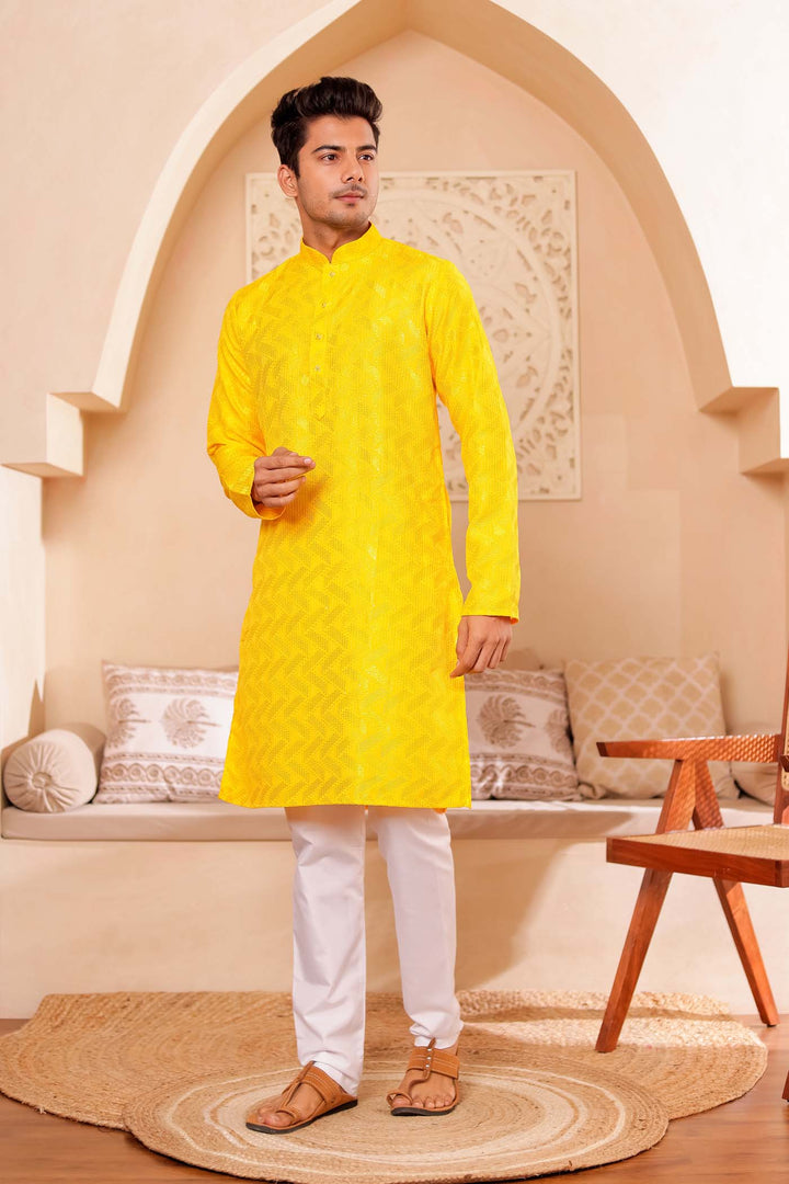 Yellow Soft Silk Kurta Suit with Thread and Sequin work all over.