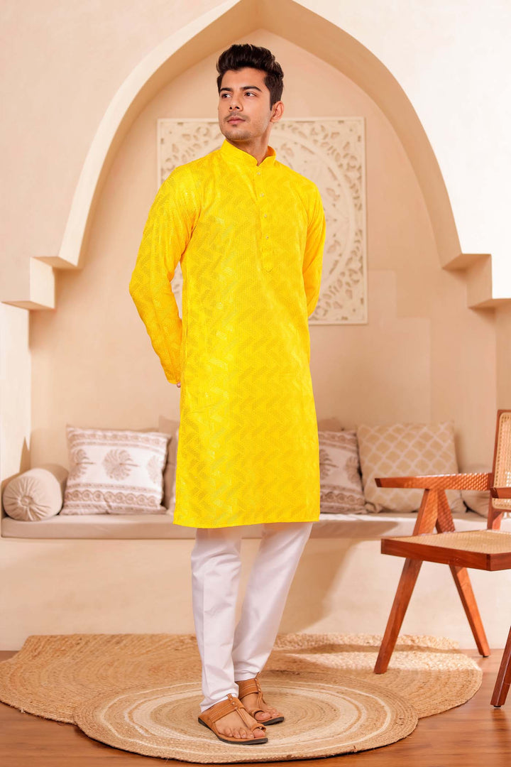 Yellow Soft Silk Kurta Suit with Thread and Sequin work all over.