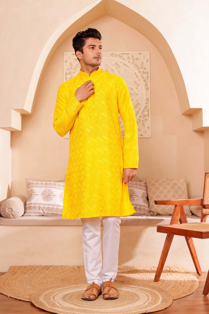 Yellow Soft Silk Kurta Suit with Thread and Sequin work all over.