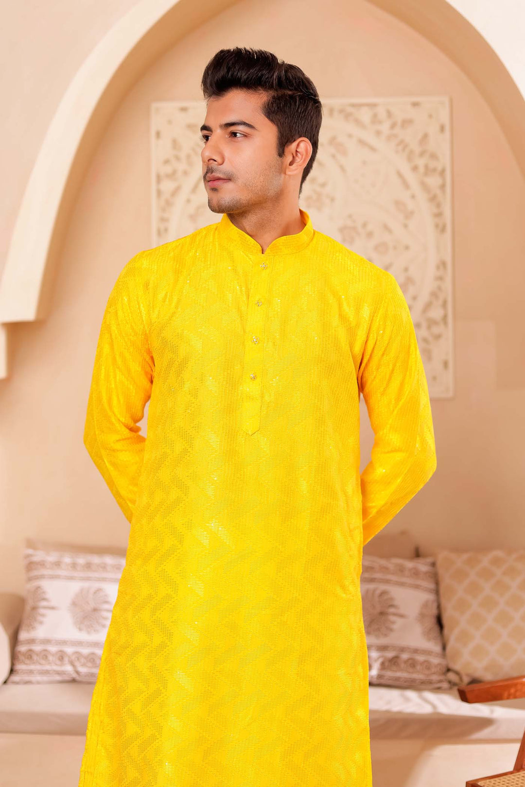 Yellow Soft Silk Kurta Suit with Thread and Sequin work all over.