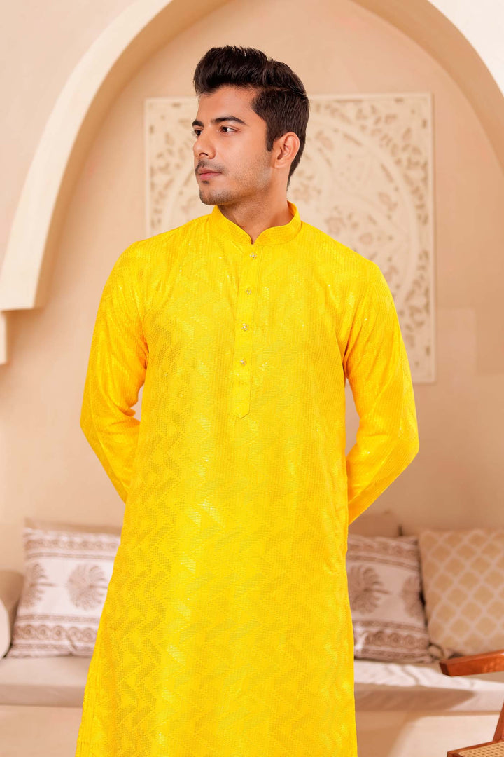 Yellow Soft Silk Kurta Suit with Thread and Sequin work all over.
