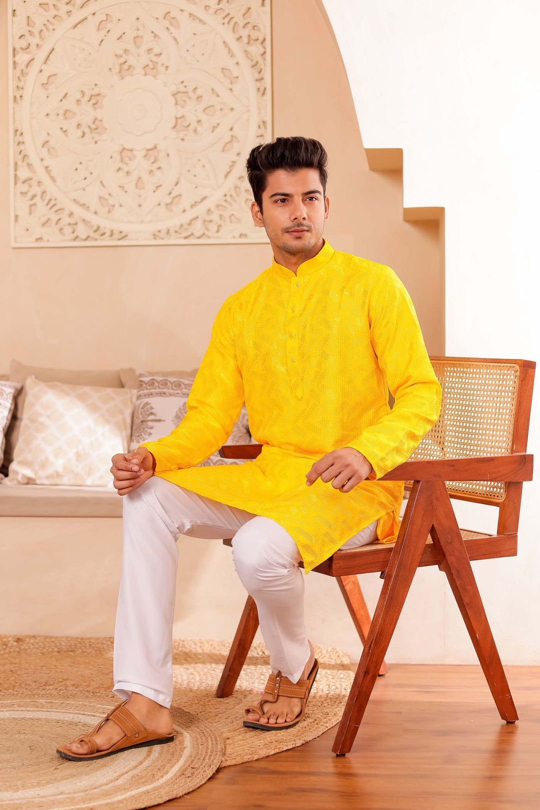 Yellow Soft Silk Kurta Suit with Thread and Sequin work all over.