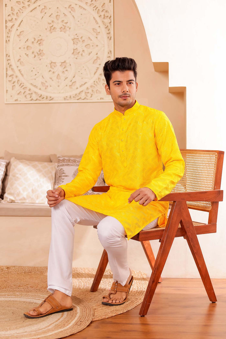 Yellow Soft Silk Kurta Suit with Thread and Sequin work all over.