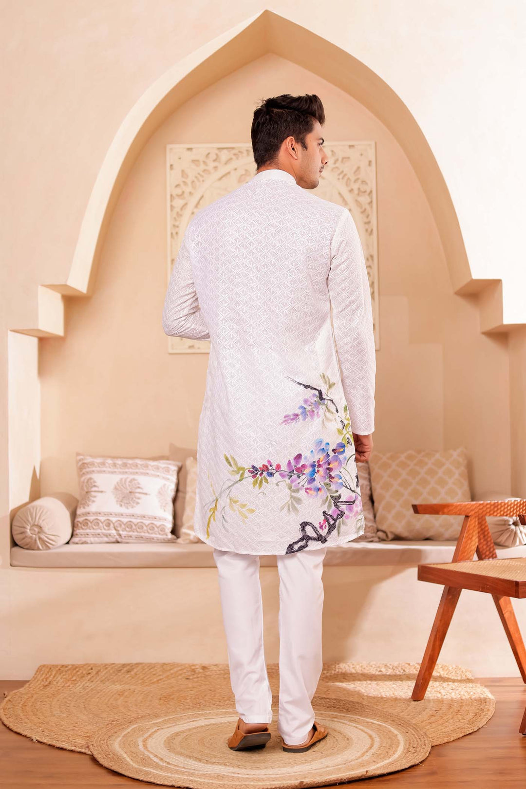White Lucknowi digital print kurta suit sequin work all over.