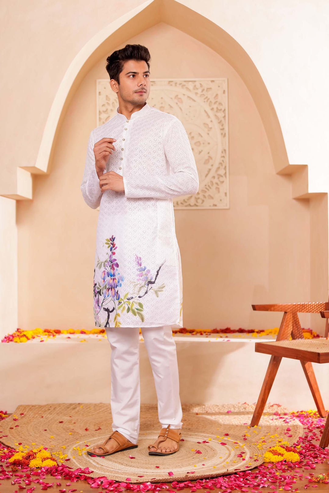 White Lucknowi digital print kurta suit sequin work all over.