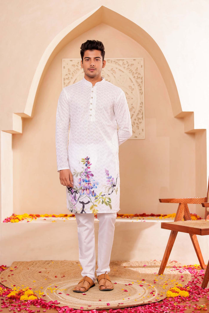 White Lucknowi digital print kurta suit sequin work all over.