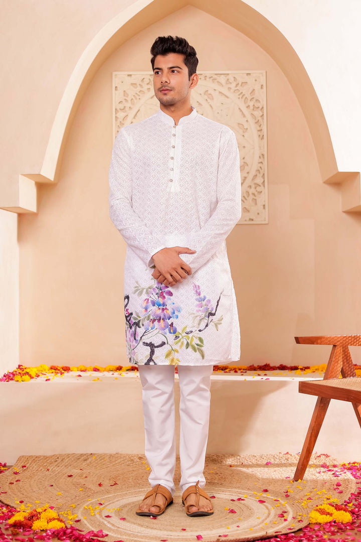 White Lucknowi digital print kurta suit sequin work all over.