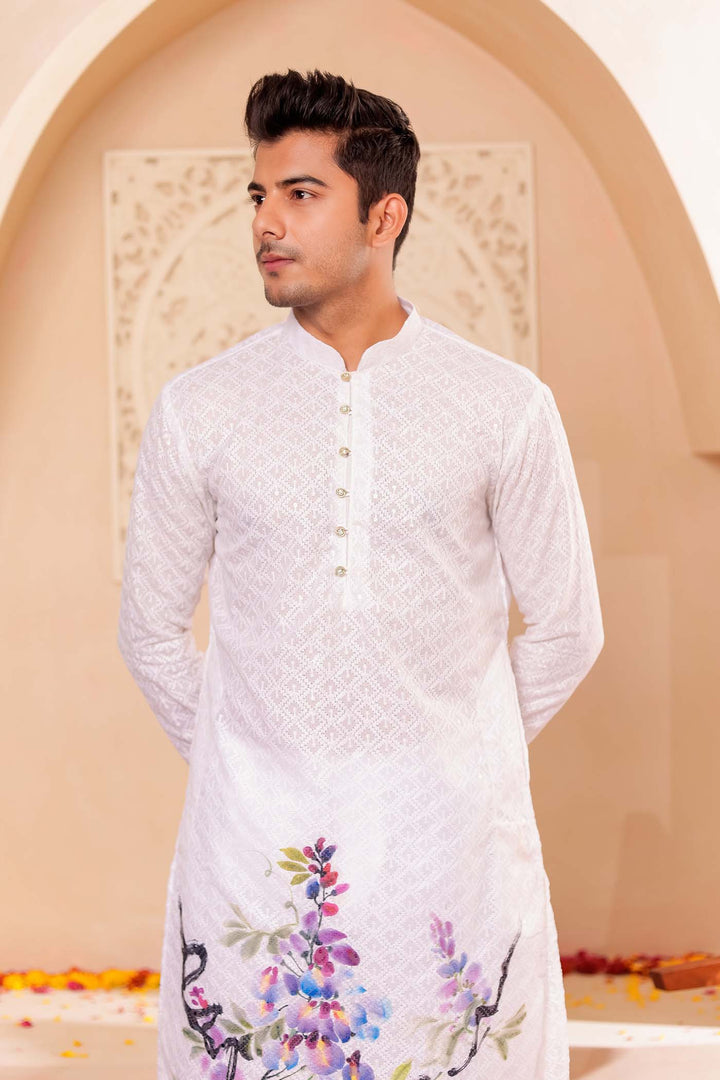 White Lucknowi digital print kurta suit sequin work all over.