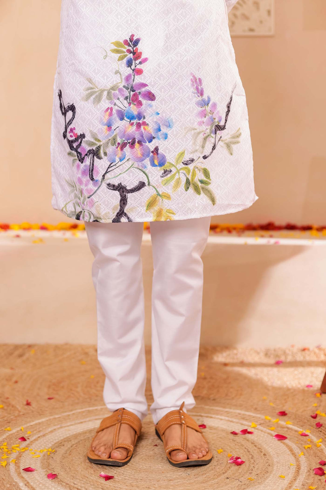 White Lucknowi digital print kurta suit sequin work all over.