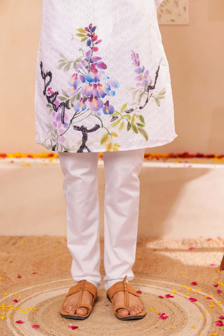 White Lucknowi digital print kurta suit sequin work all over.