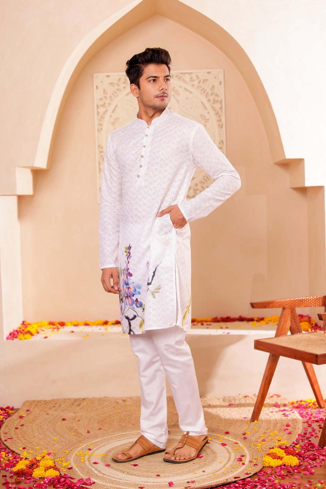 White Lucknowi digital print kurta suit sequin work all over.