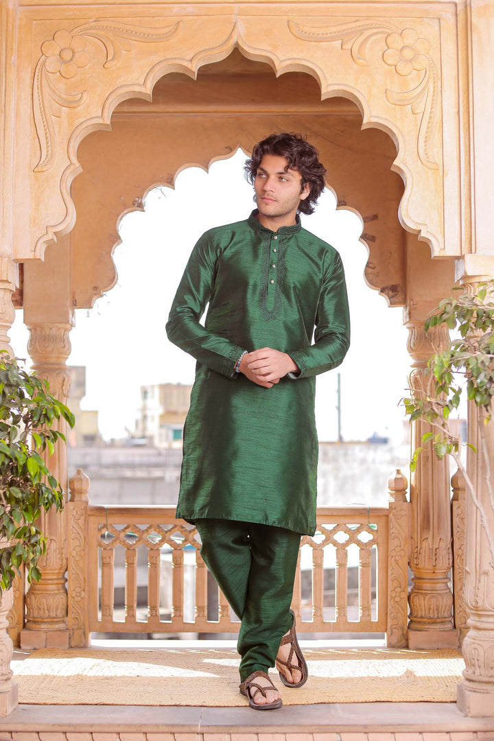 Bottle Green Dupion Silk Kurt Suit.