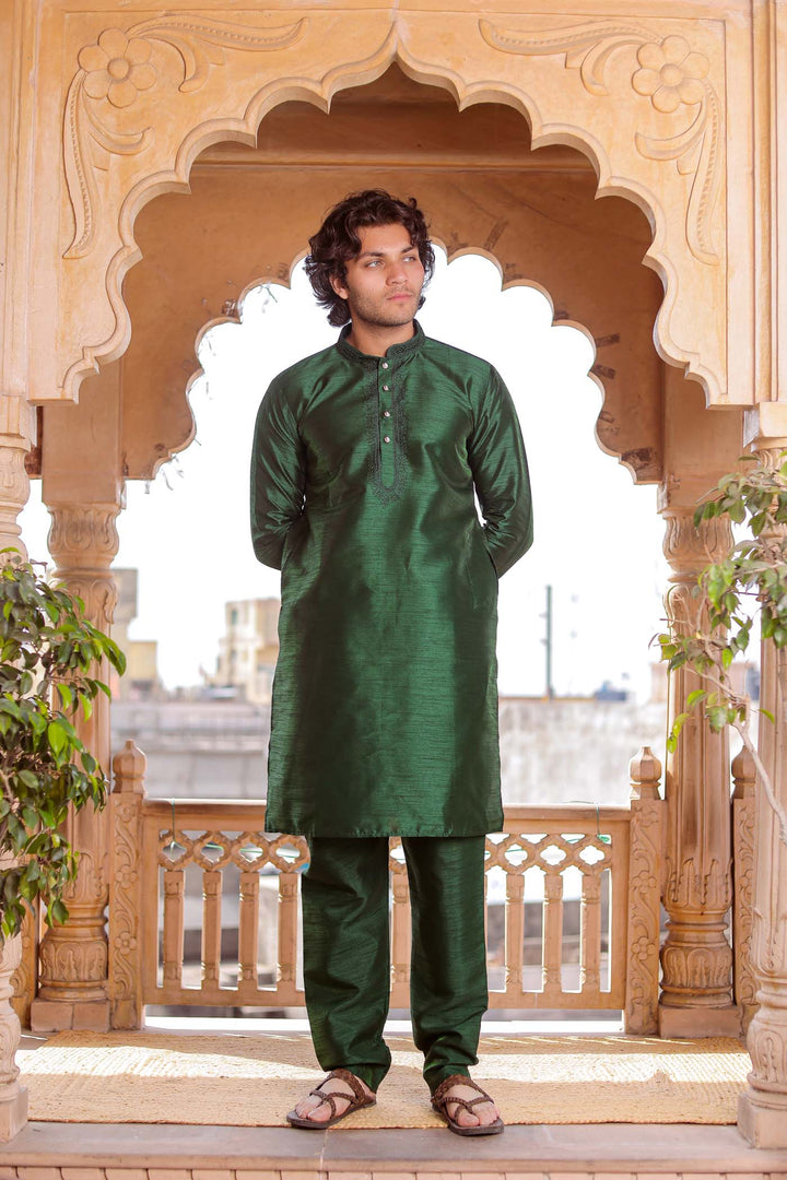 Bottle Green Dupion Silk Kurt Suit.