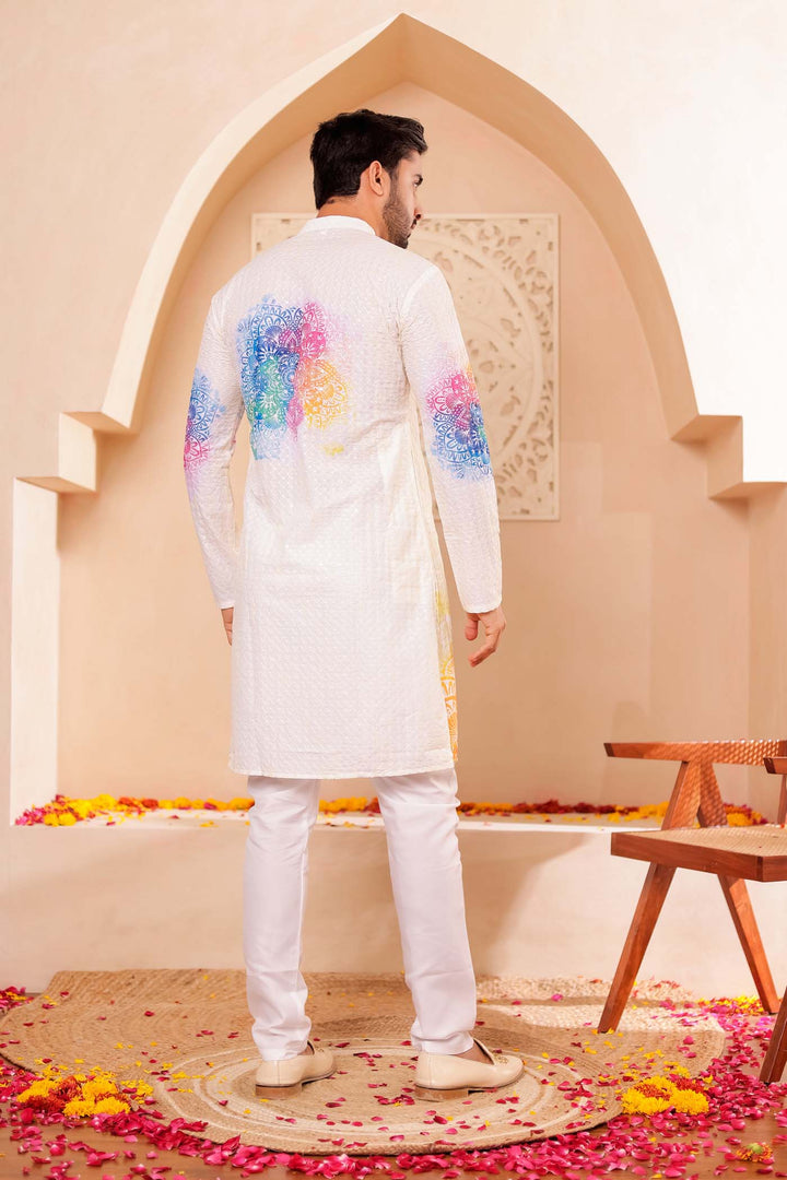 Light Yellow Lucknowi digital print kurta suit sequin work all over.