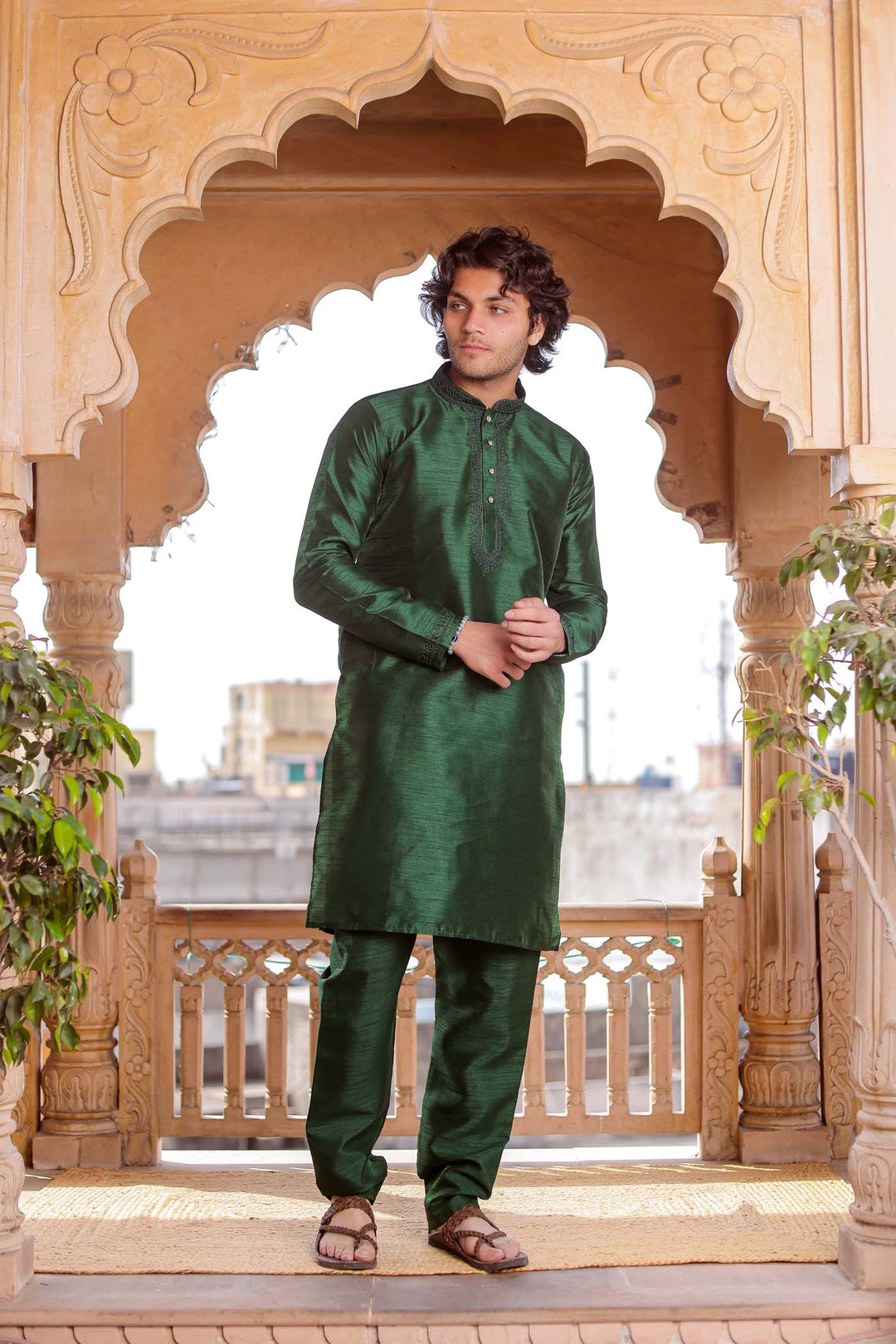 Bottle Green Dupion Silk Kurt Suit.