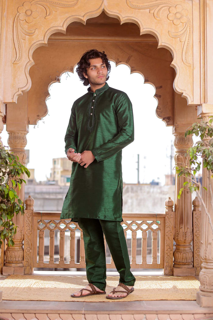 Bottle Green Dupion Silk Kurt Suit.