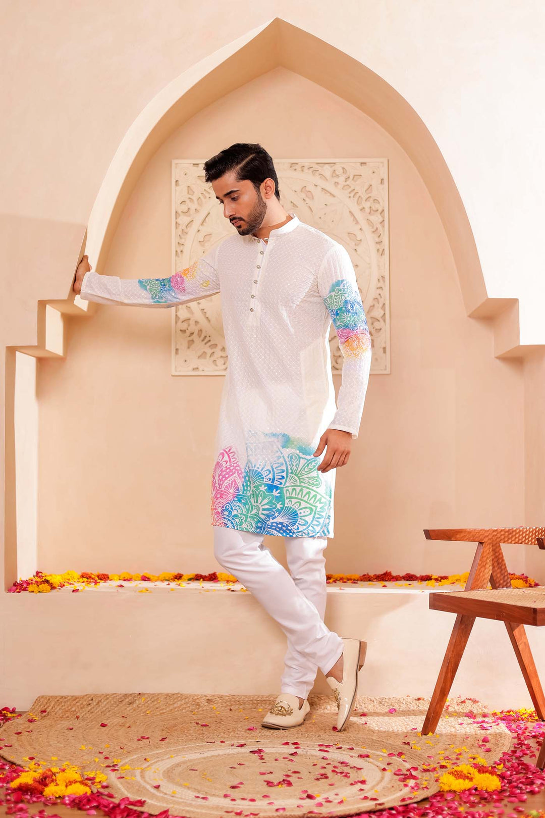 Light Yellow Lucknowi digital print kurta suit sequin work all over.