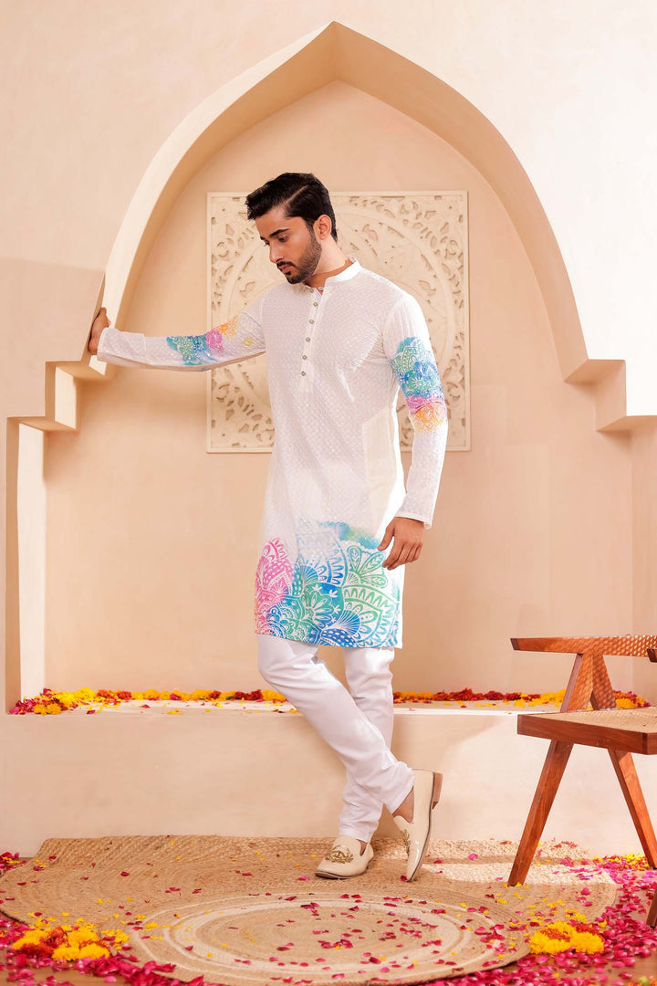 Light Yellow Lucknowi digital print kurta suit sequin work all over.