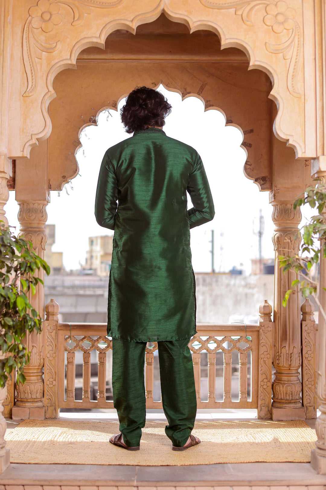 Bottle Green Dupion Silk Kurt Suit.