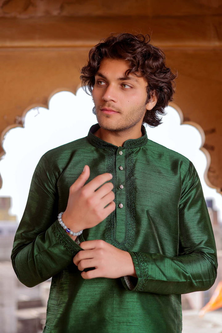 Bottle Green Dupion Silk Kurt Suit.