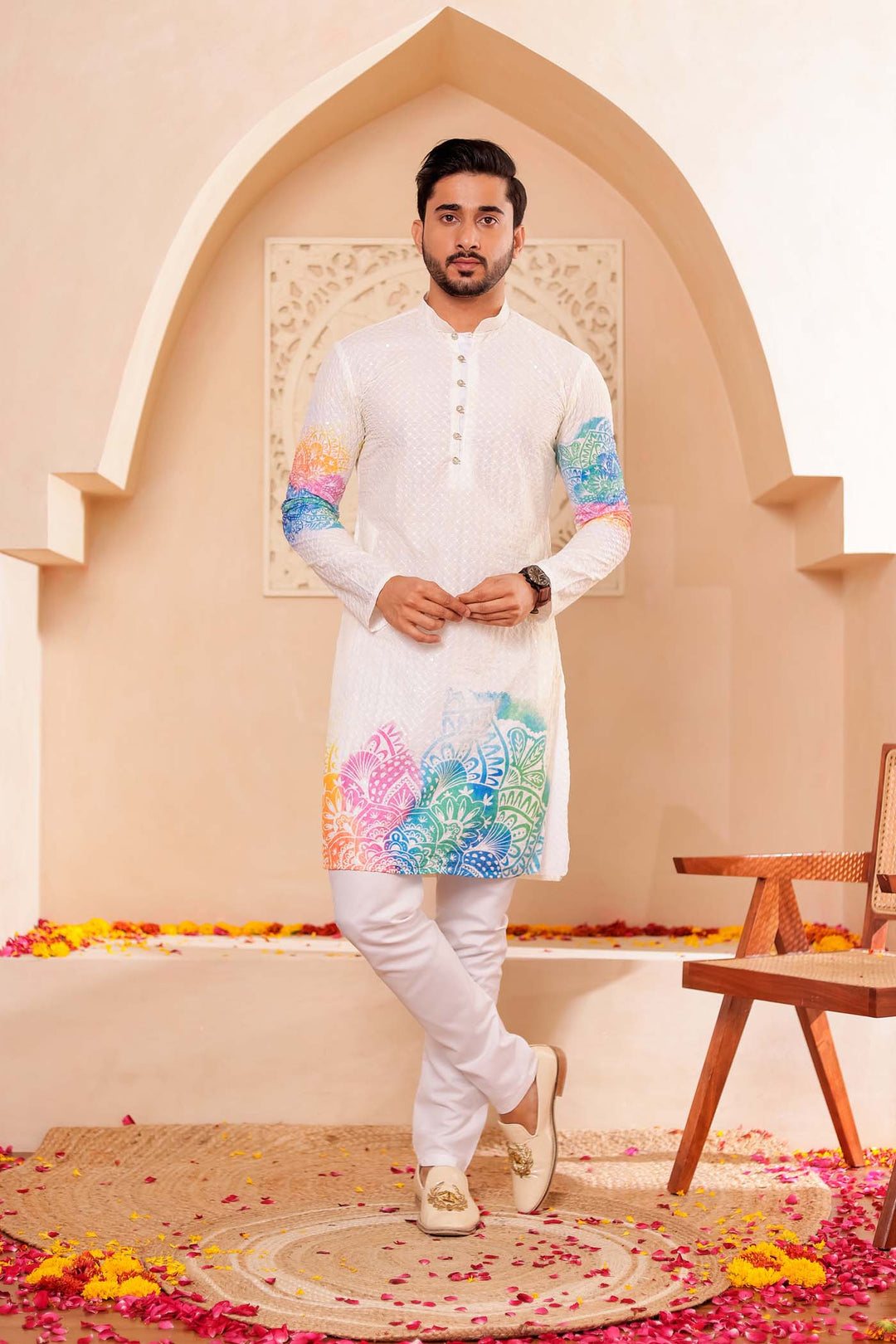 Light Yellow Lucknowi digital print kurta suit sequin work all over.