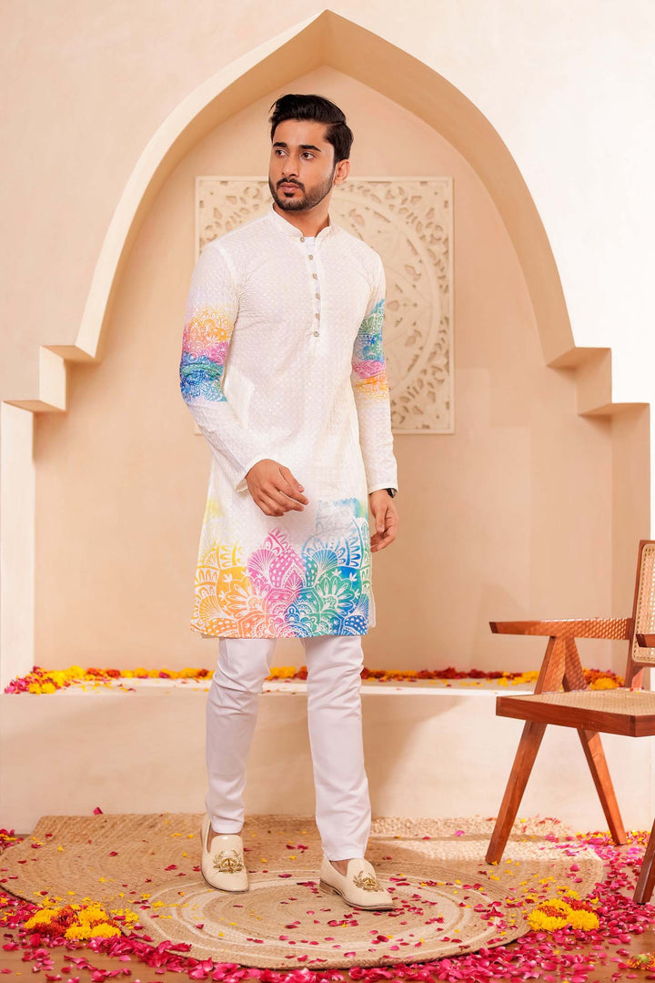 Light Yellow Lucknowi digital print kurta suit sequin work all over.