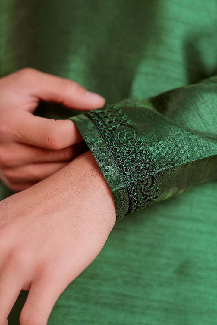 Bottle Green Dupion Silk Kurt Suit.