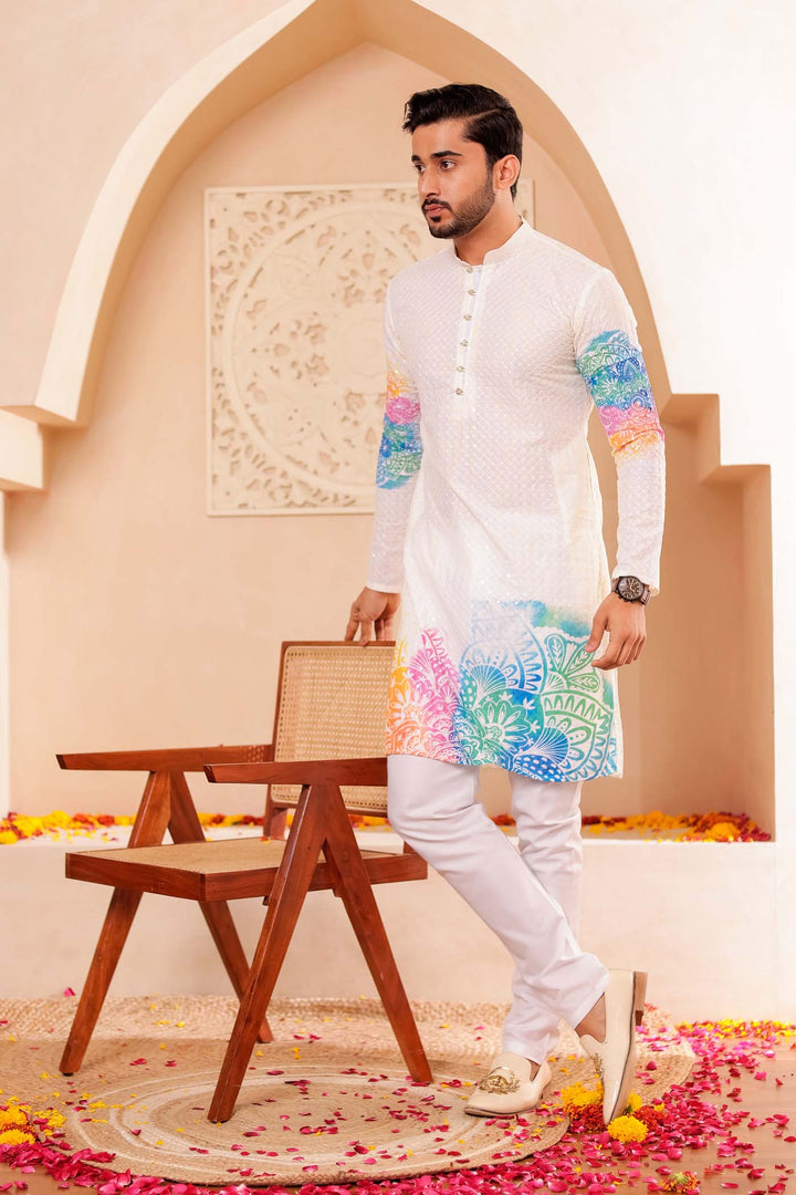 Light Yellow Lucknowi digital print kurta suit sequin work all over.