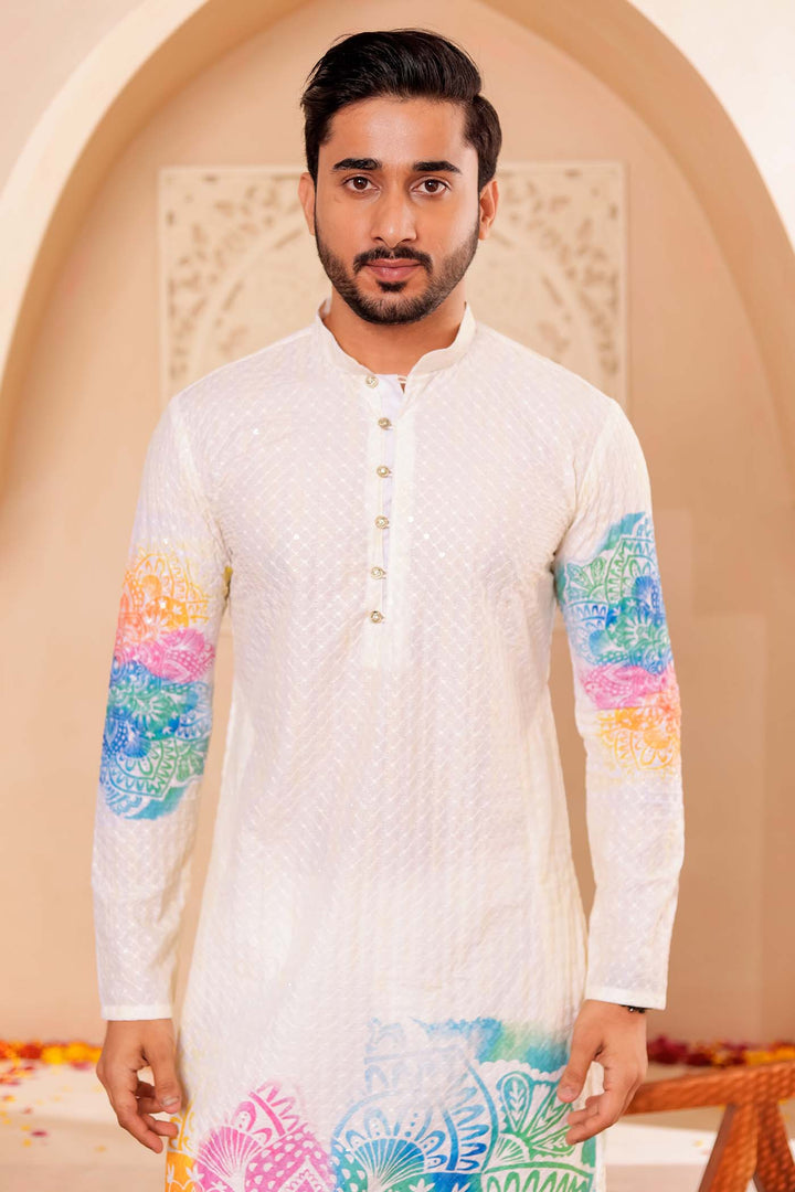 Light Yellow Lucknowi digital print kurta suit sequin work all over.