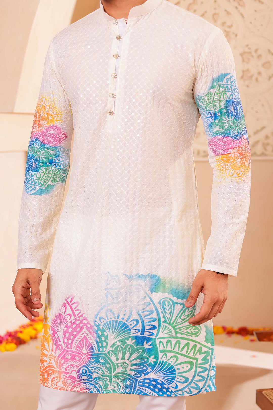 Light Yellow Lucknowi digital print kurta suit sequin work all over.