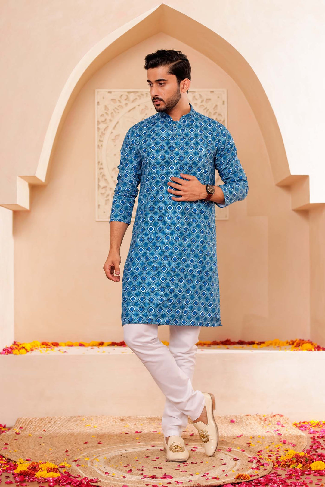 Blue Patola Print Silk Kurta Suit.