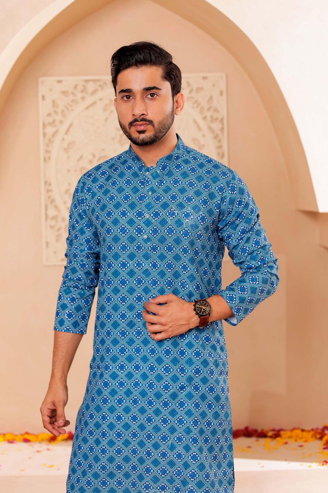 Blue Patola Print Silk Kurta Suit.